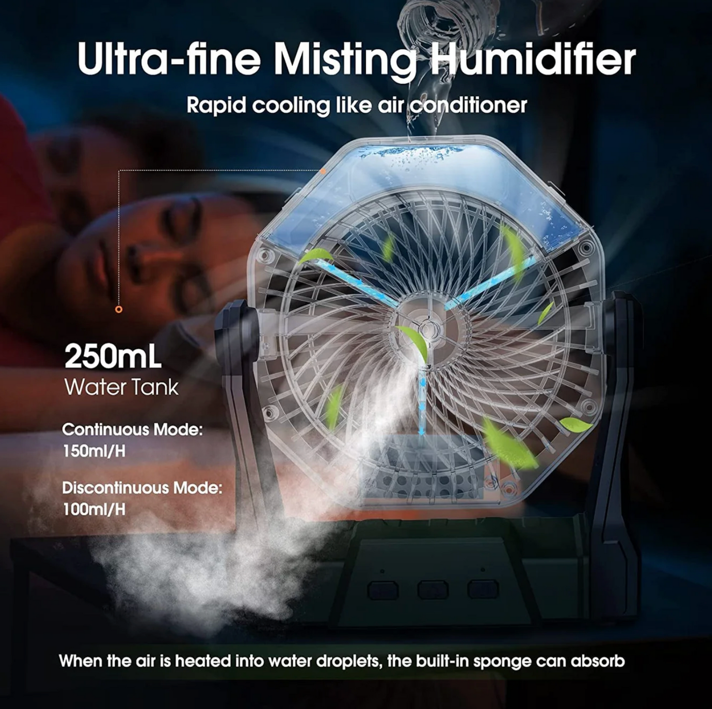 Portable Misting Fan – 8” Rechargeable Air Cooler with 10000mAh Battery, LED Light & 3 Speeds